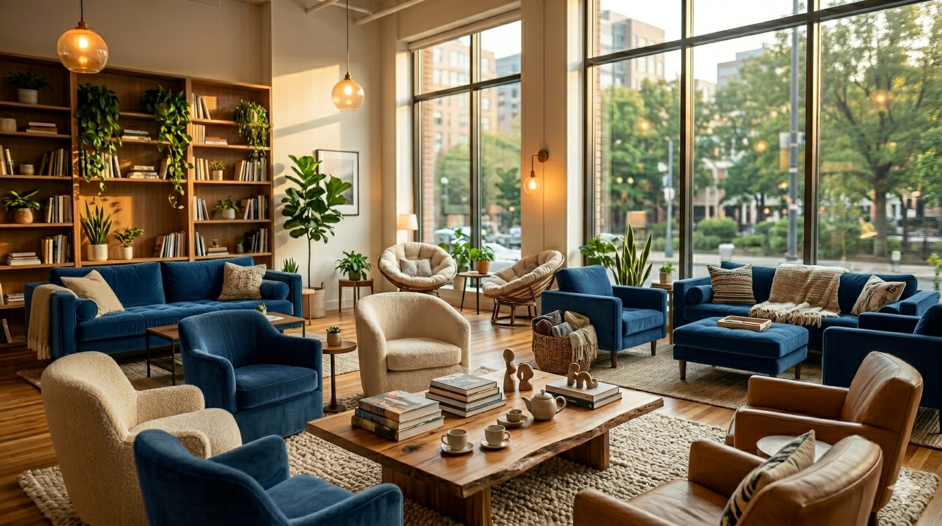 A bright, calm waiting room with soft seating and large windows